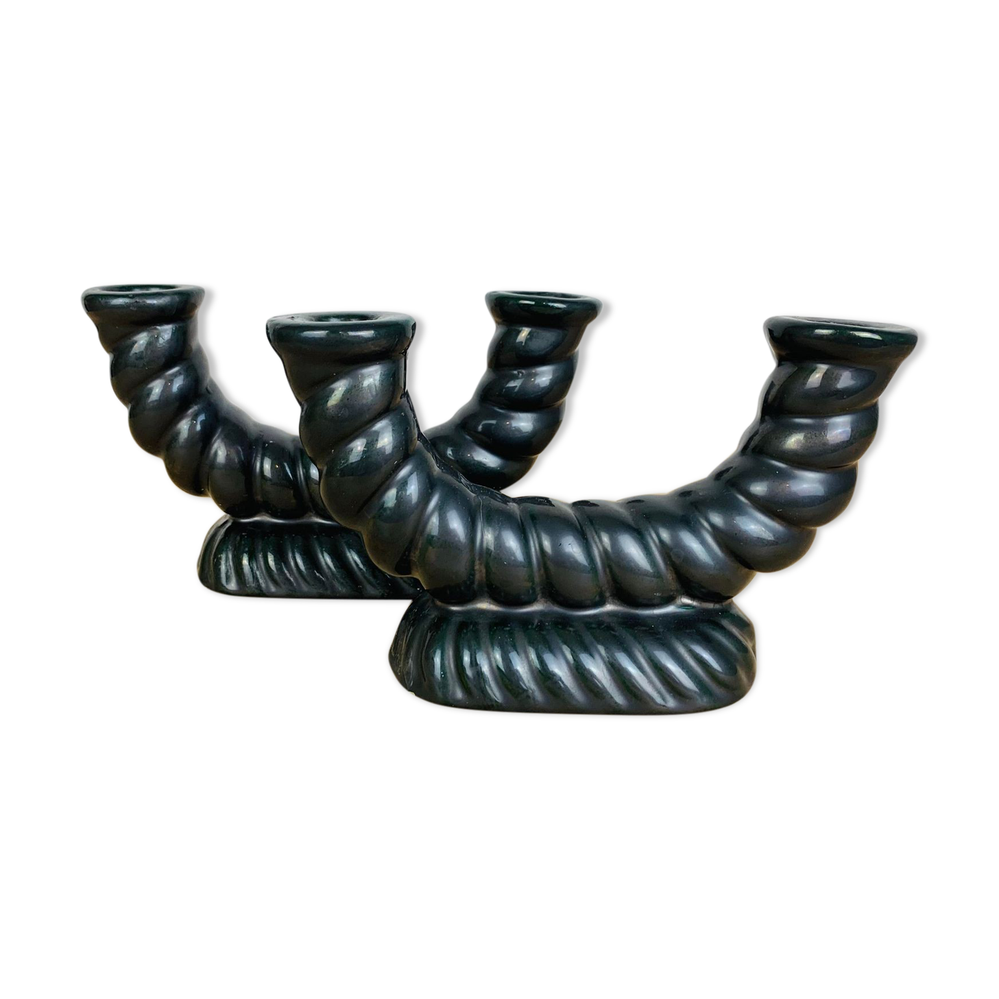 Pair of black Longchamp ceramic candle holders 50s