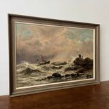 Peinture à l'huile de grand voilier vintage du milieu du siècle