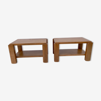 Pair of side tables in solid elm, Maison Regain, 1970s