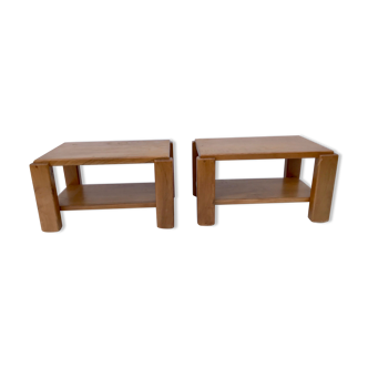 Pair of side tables in solid elm, Maison Regain, 1970s