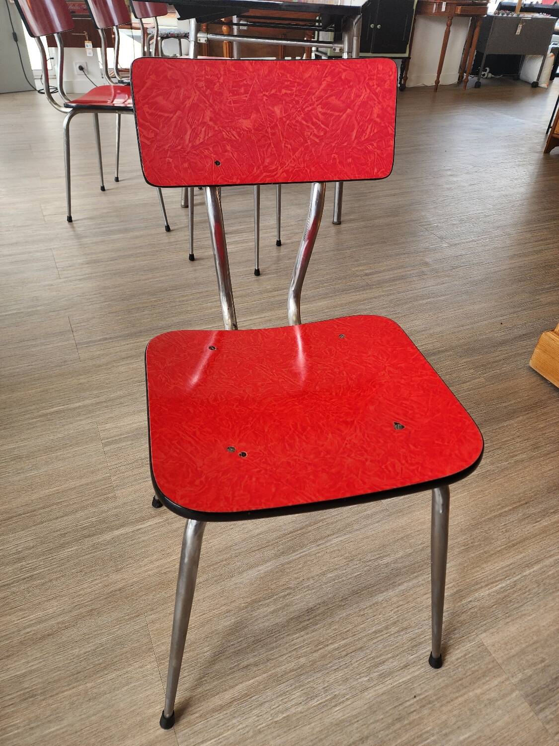 Vintage Lafague red formica set, 1 table, 6 chairs and 1 stool