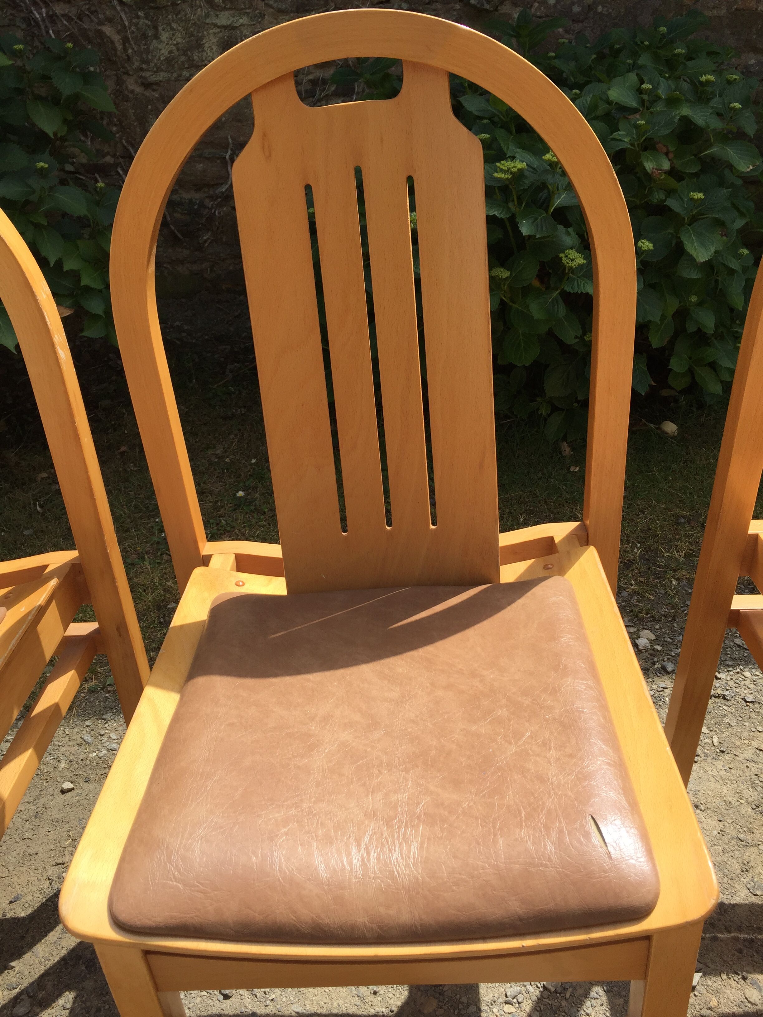 Vintage Baumann chairs in beech, seats in beige brown Skaï, series of 6.