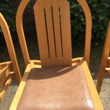 Vintage Baumann chairs in beech, seats in beige brown Skaï, series of 6.