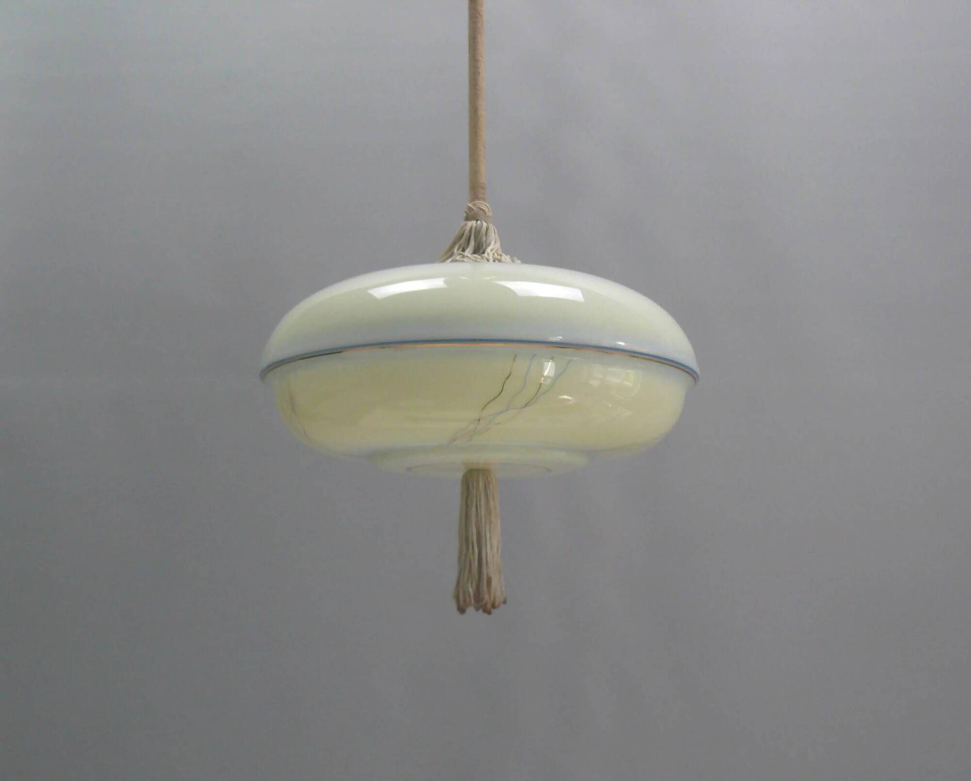 Art Deco rod pendant lamp with brass suspension and decorative glass shade