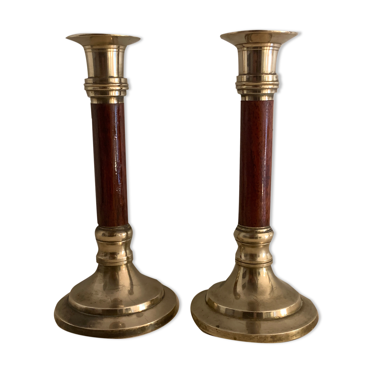 Pair of brass and mahogany wood candle holders