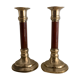 Pair of brass and mahogany wood candle holders