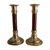 Pair of brass and mahogany wood candle holders