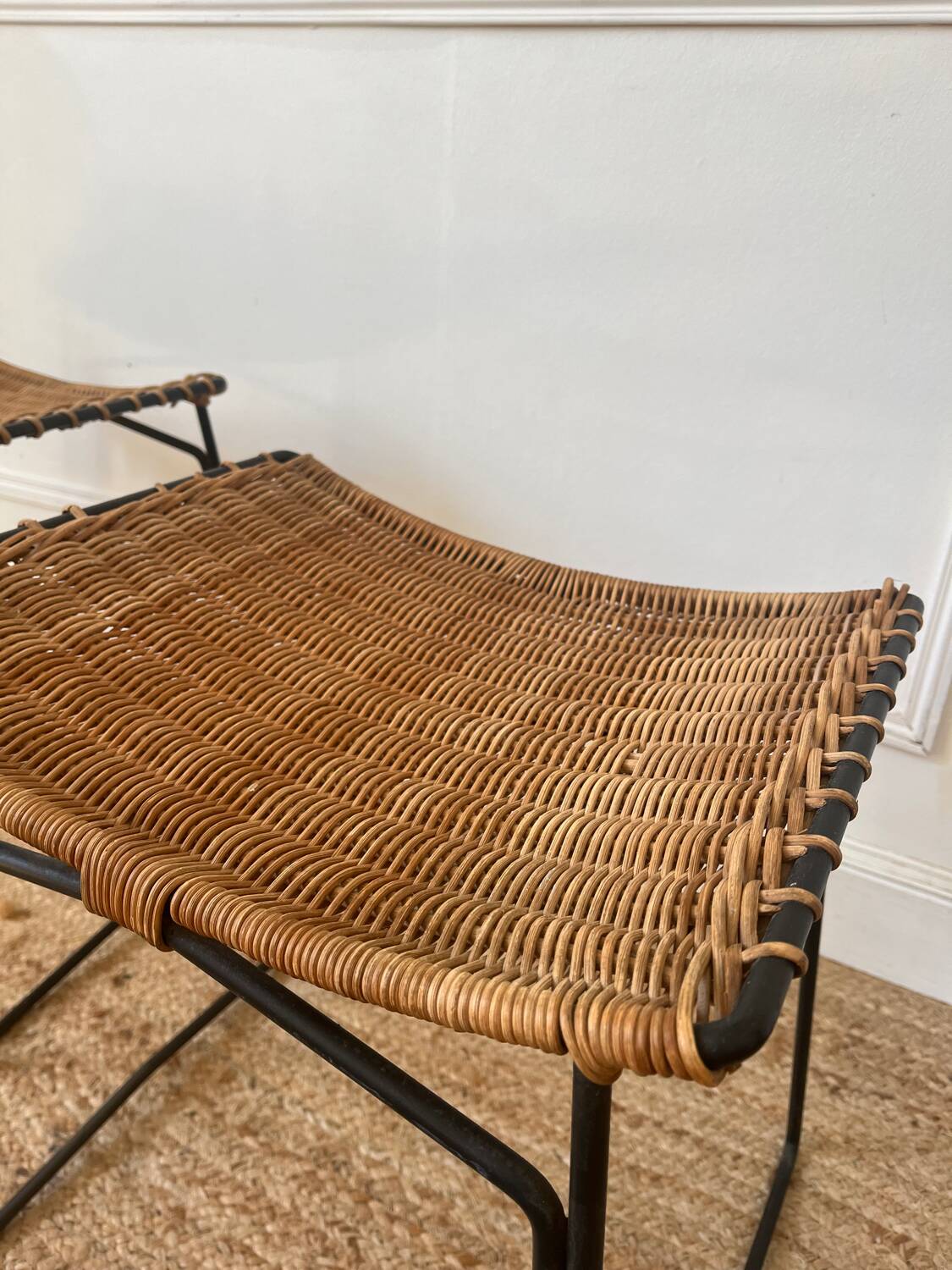 Pair of Raoul Guys stools for Airborne in wicker 1950