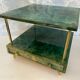Aldo Tura side table in aqua green with brass legs and lower drawer.