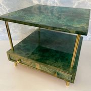 Aldo Tura side table in aqua green with brass legs and lower drawer.