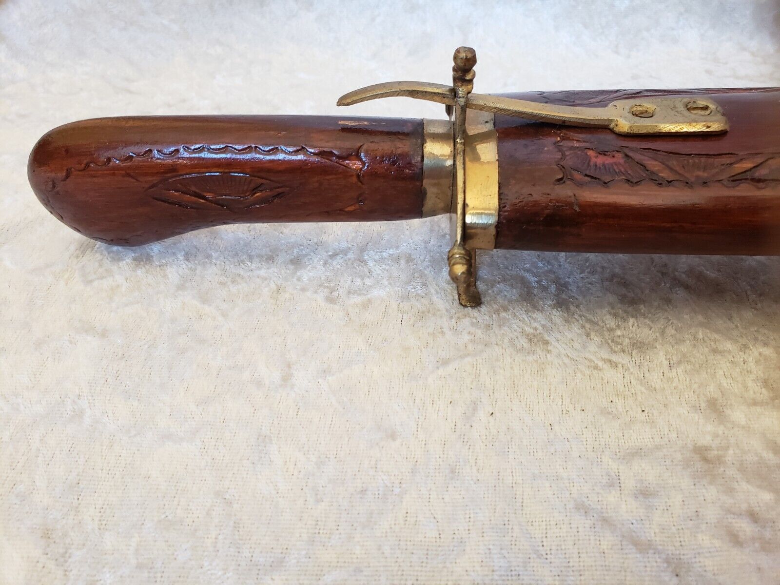 Vintage cutting service with knife and fork in wooden sheath