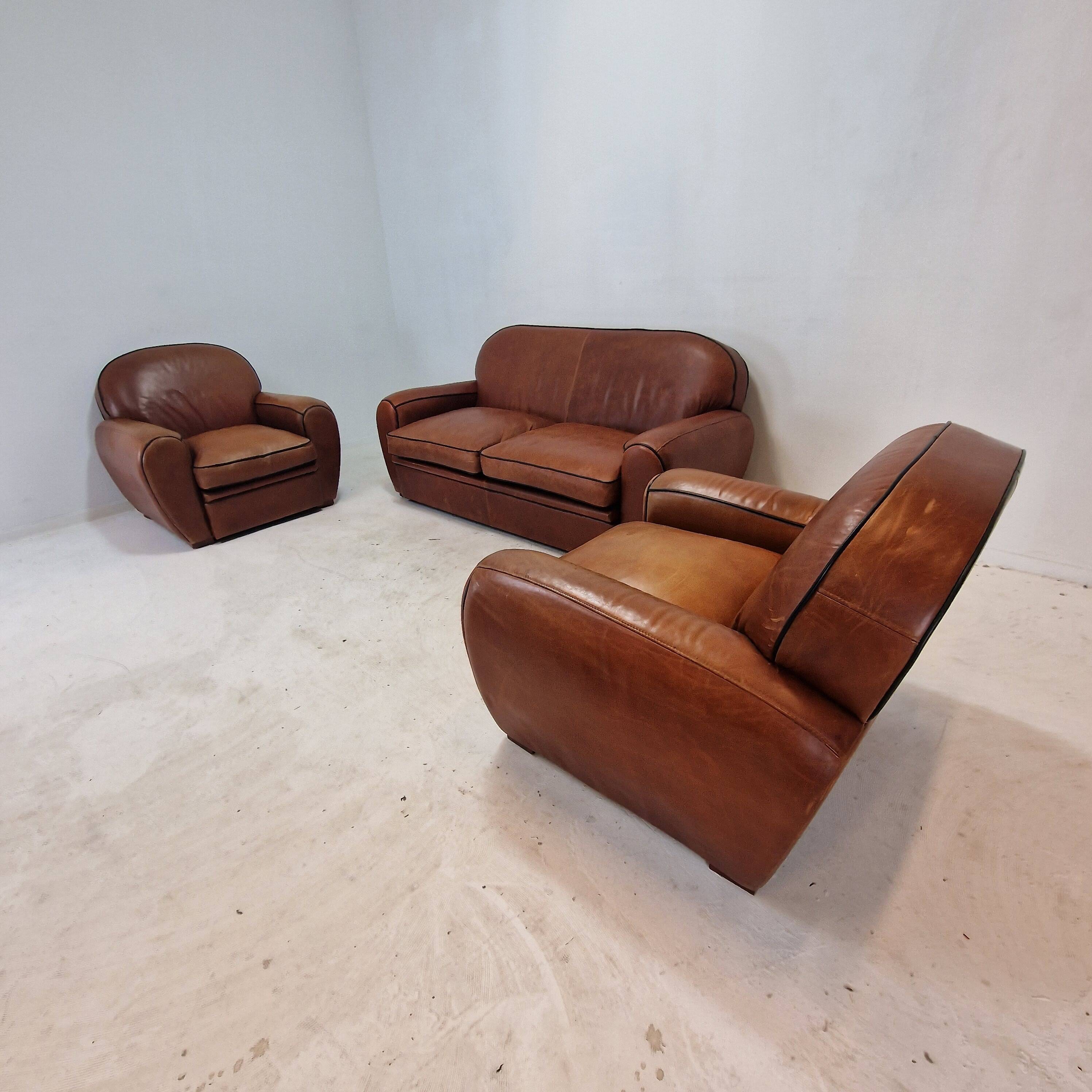 Set of 2 Club Chairs and 1 Sofa in Saddle Leather by Jan Frantzen, Netherlands