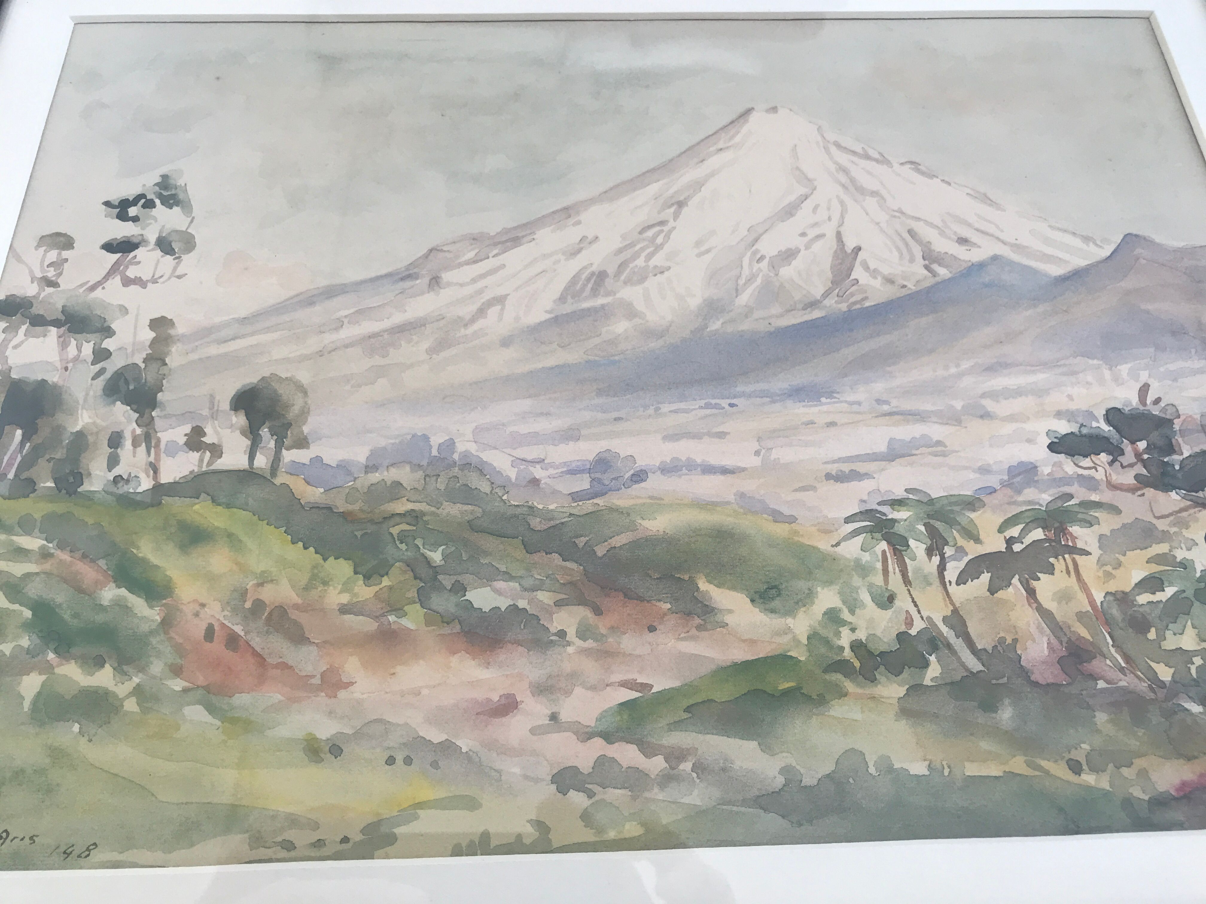 Watercolour signed by bernard aris, mount taranaki, new plymouth park, 1948