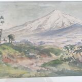 Watercolour signed by bernard aris, mount taranaki, new plymouth park, 1948