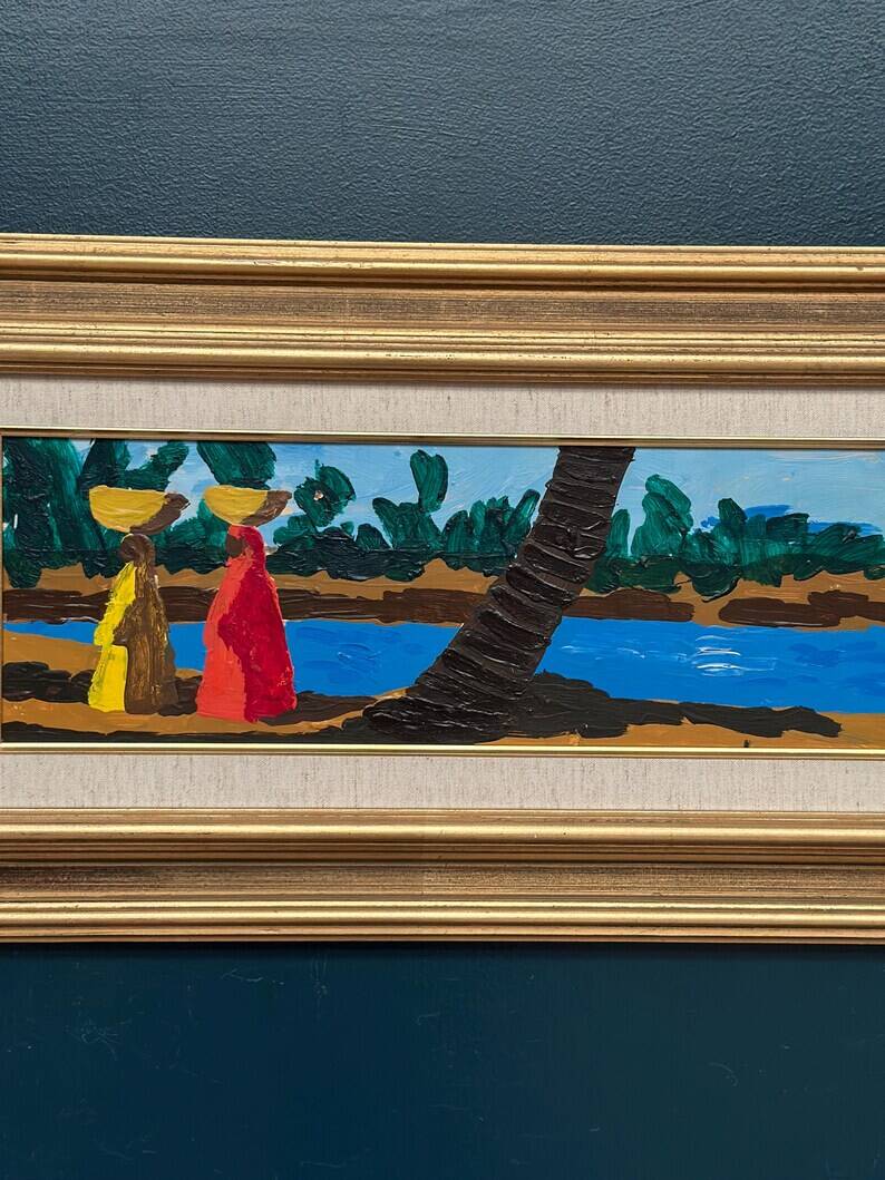 Original Swedish Oil on Panel – "Female Figures by a Stream", attributed to Lars Norrman – Signed – Vintage and Framed – 38 × 74 cm (15 × 29.1 inches)