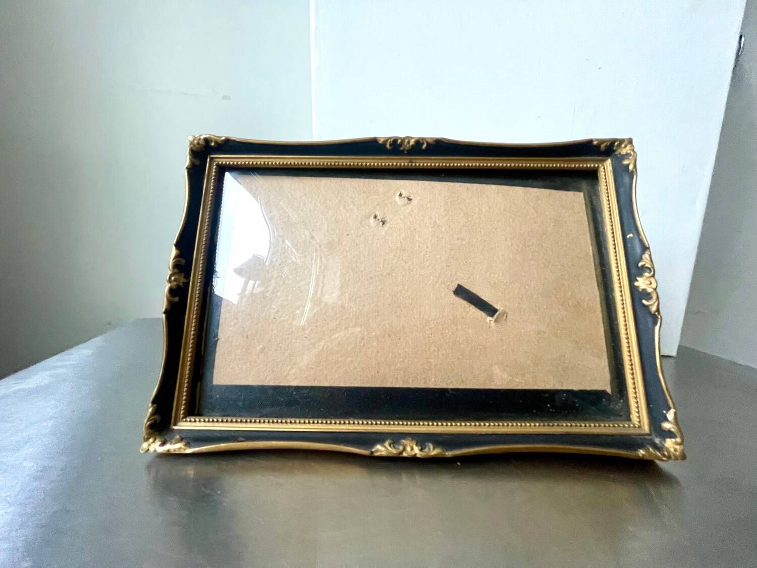 Antique black & gold wooden frame   24 cm x 16 cm convex glass