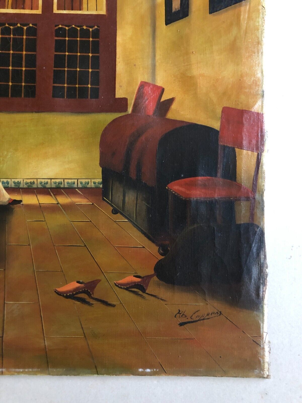 Mid century signed painting with Flemish interior