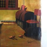 Mid century signed painting with Flemish interior