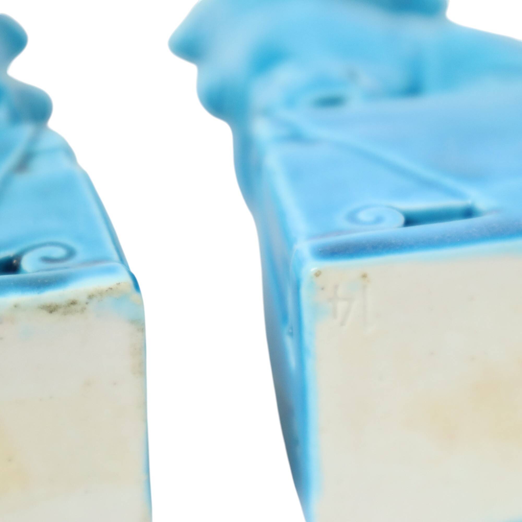 Pair of Blue Glazed Foo Dog Temple Lion Figurines 16cm