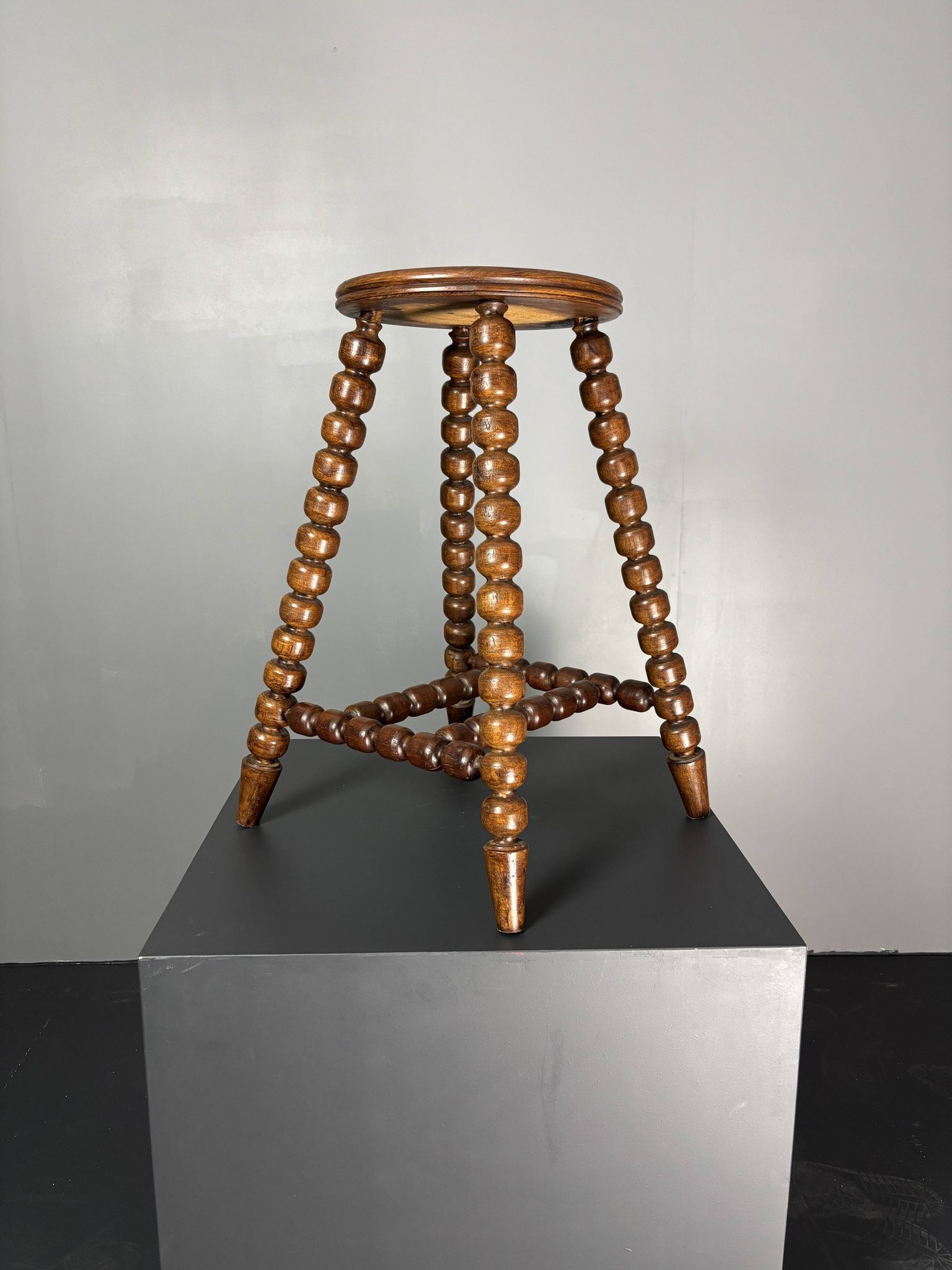 Midcentury brutalist wood turned stool in the style of Charles Dudouyt, 50s