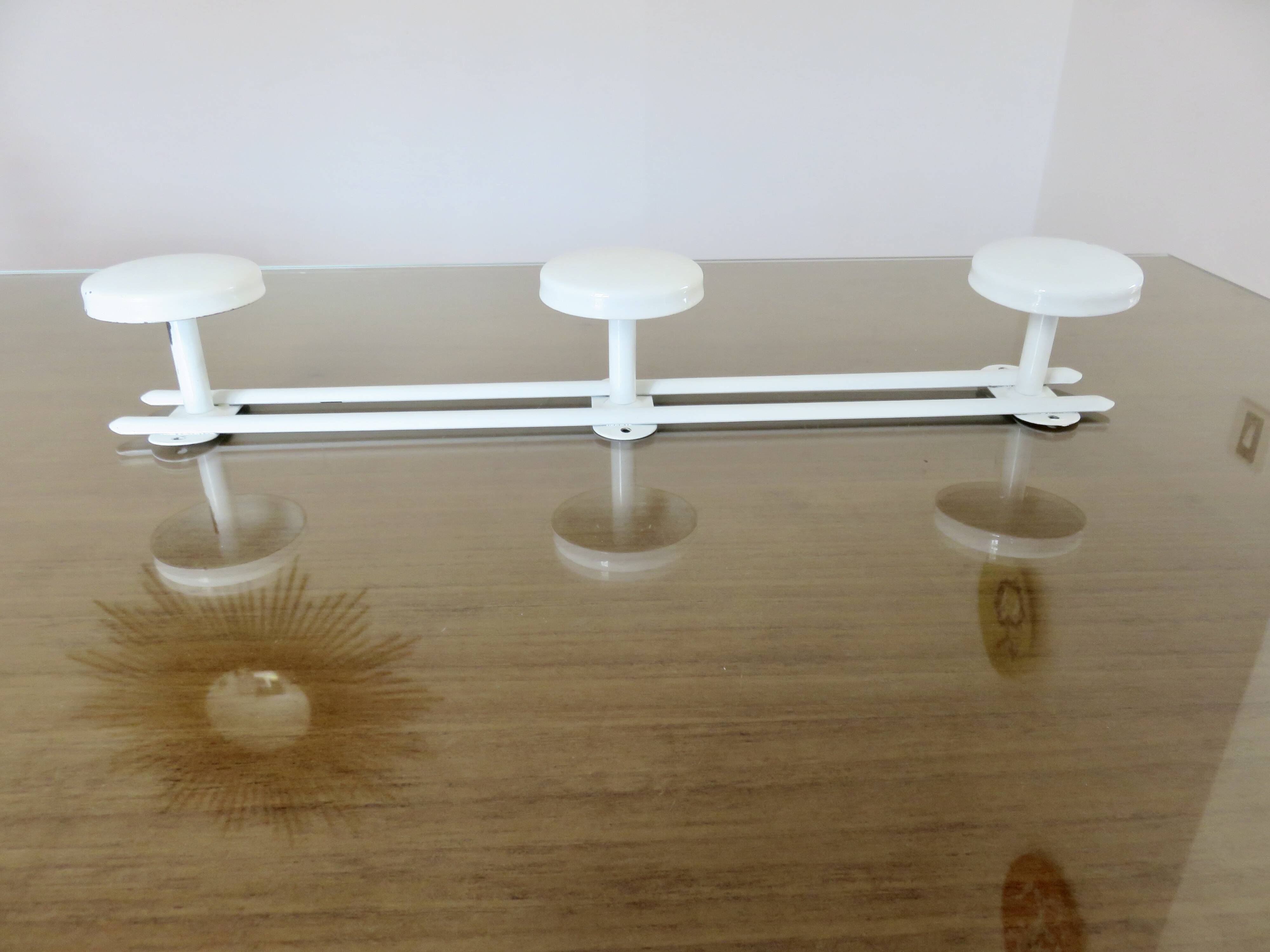 White lacquered metal wall coat rack, 3 hooks, 70s-80s