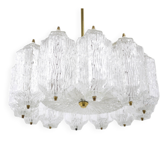 J.T. Kalmar brass chandelier with textured ice glass, Austria, 1950s