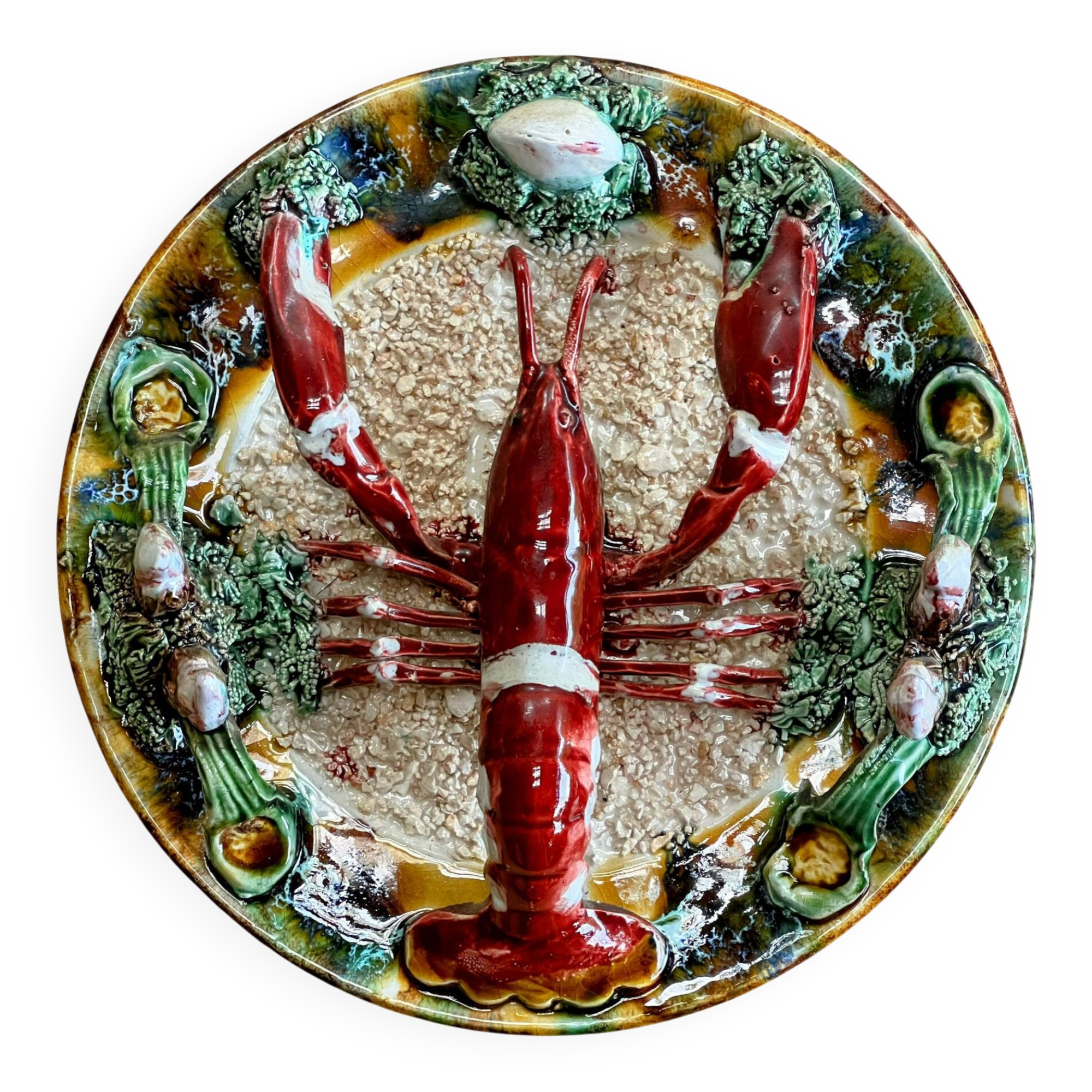 Vintage wall plate in ceramic majolica – Lobster decor in r