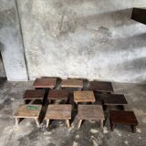 Small auxiliary stool in upcycled teak with traces of green chrome on the leg.