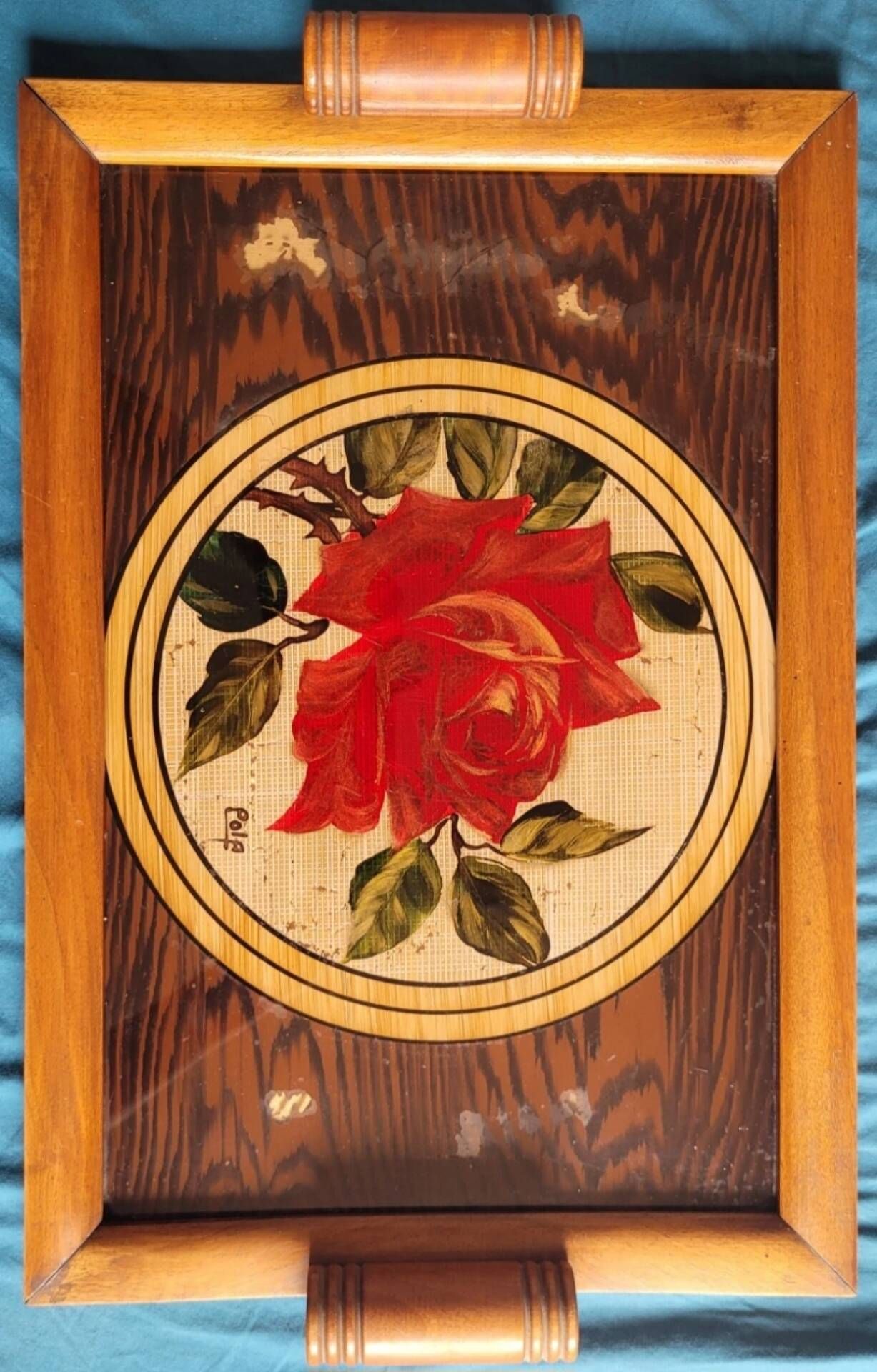 Art deco plateau, signed pola, painted glass, bamboo and rice straw.