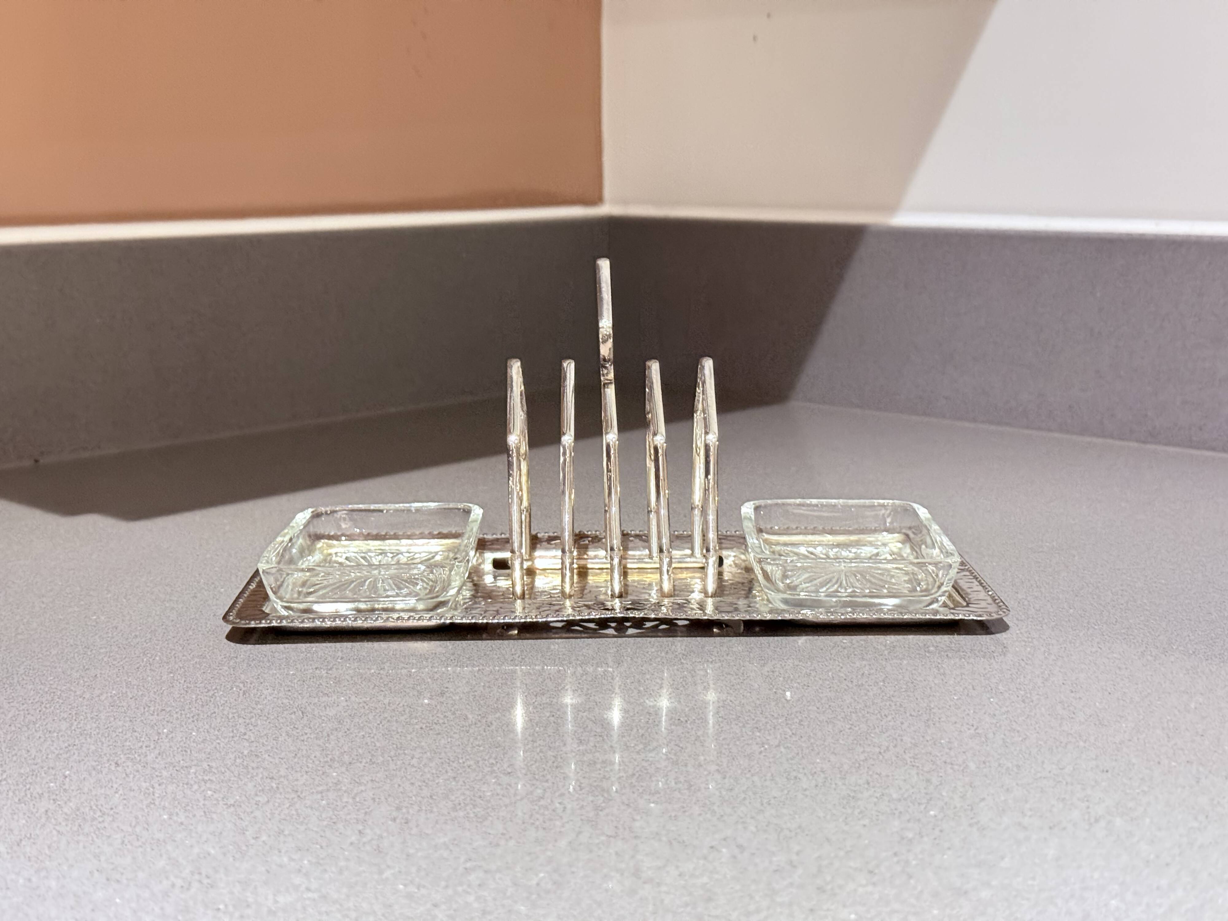 Art Deco Silver Plated Toast Rack, Matching Hammered Tray Crystal Butter Dishes