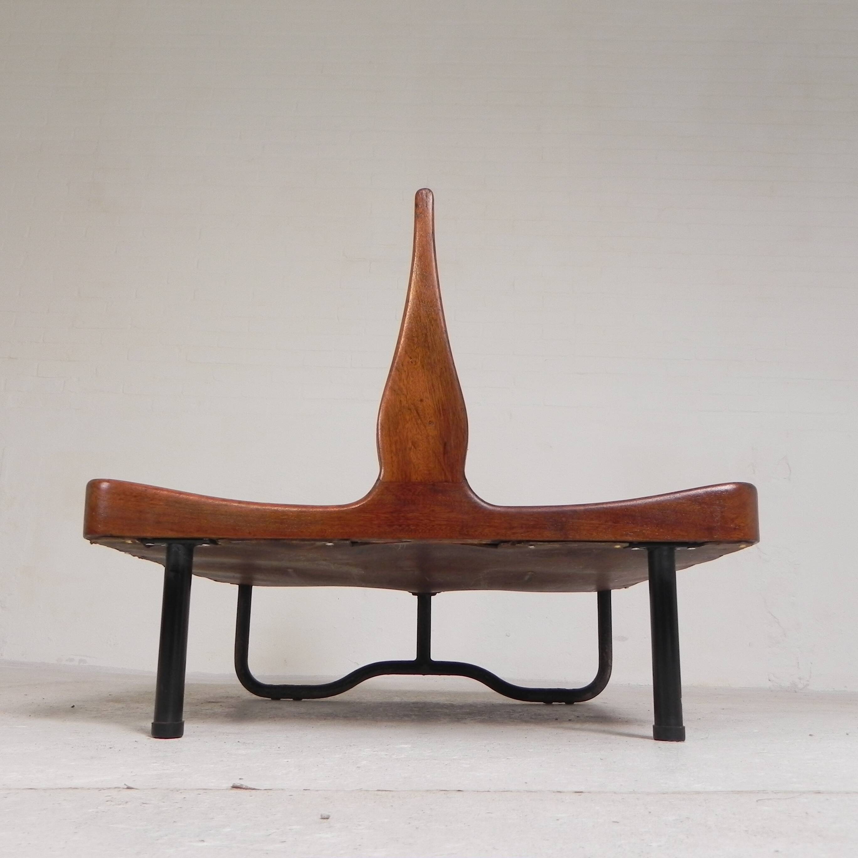 Banc de train en teck double face, années 1930