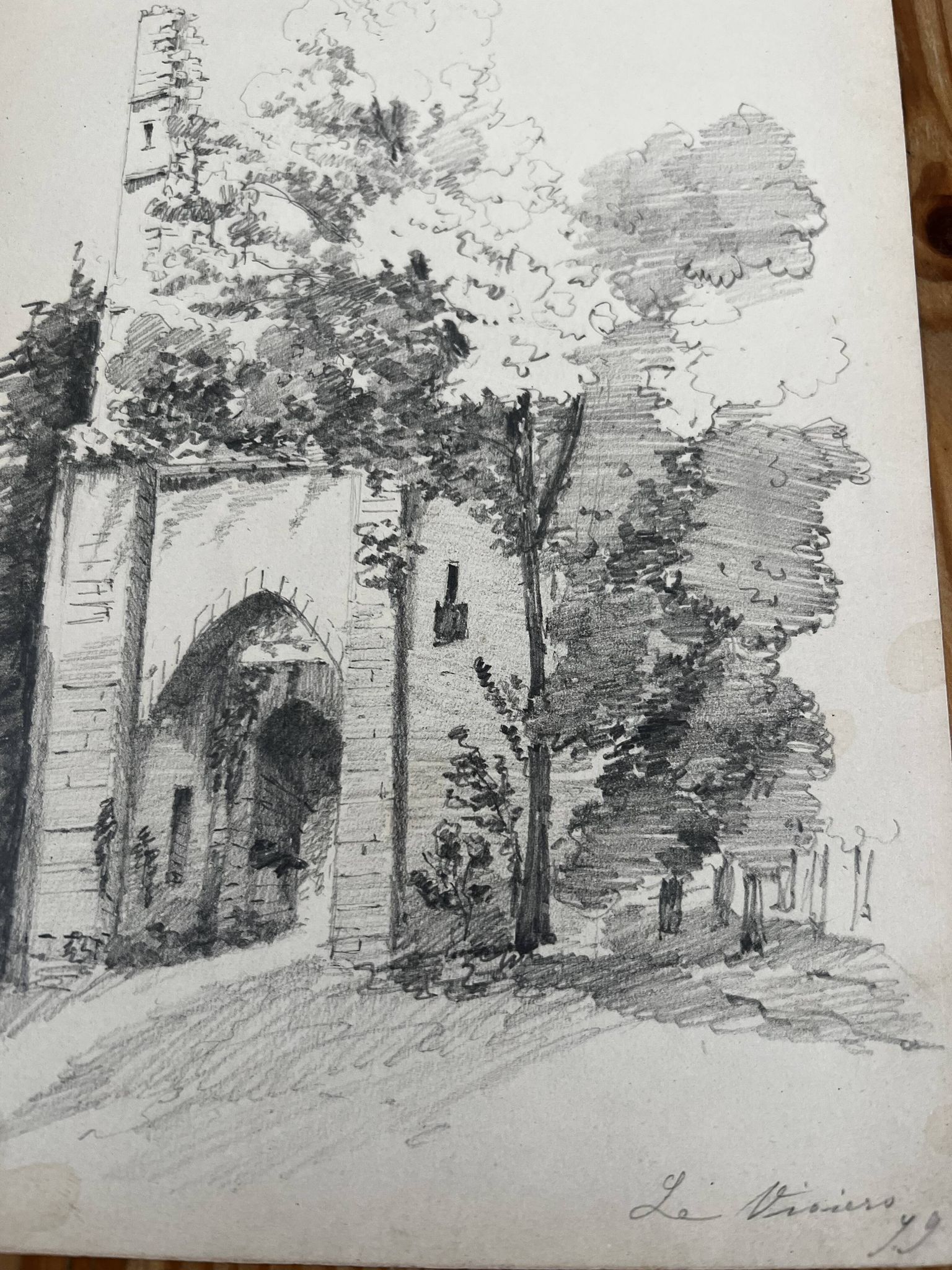 Dessin de paysage : le viviers - la tour en ruine - 49