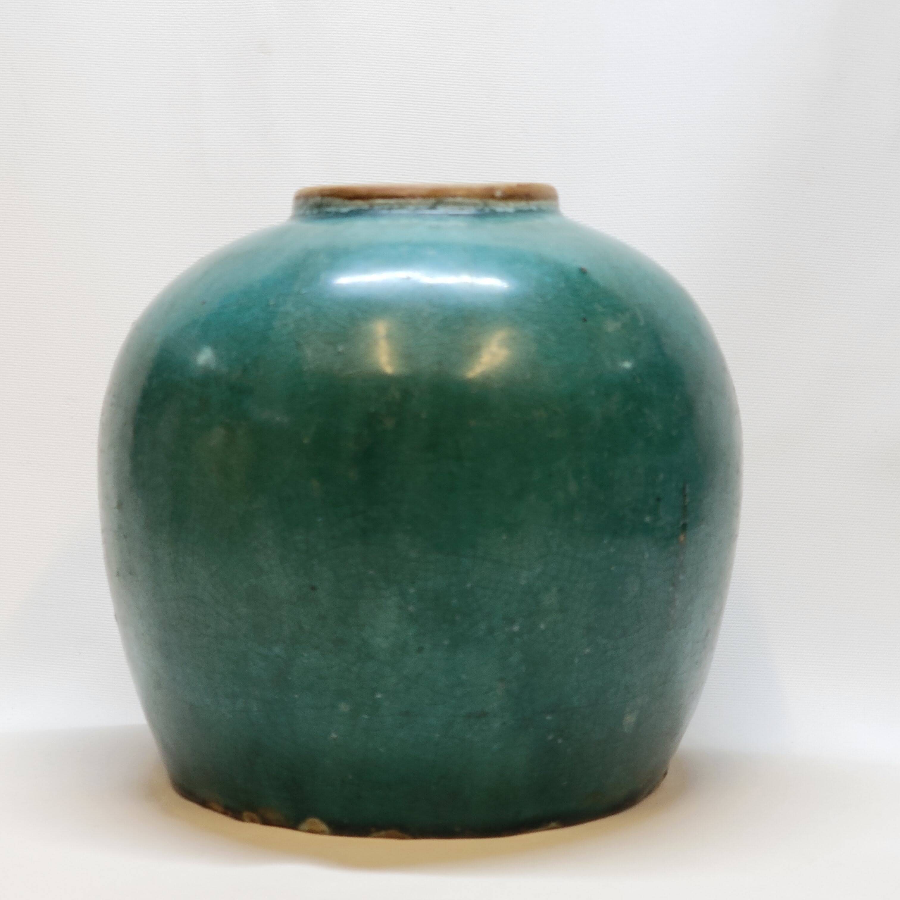 Antique Chinese Ginger Pot 1900 Green Blue Turquoise Enameled Ceramic