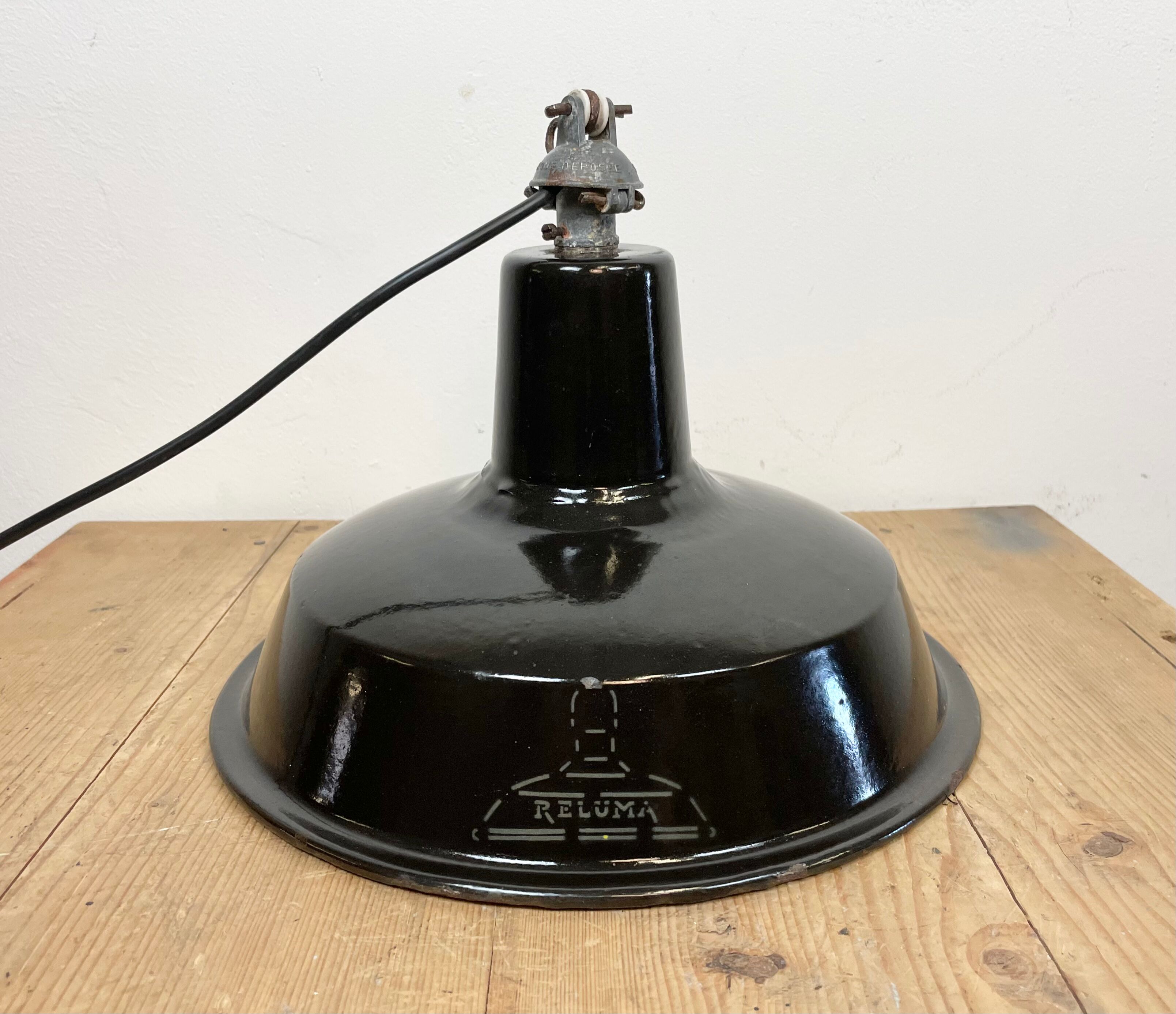 Industrial Black Enamel Hanging Lamp from Reluma, 1950s