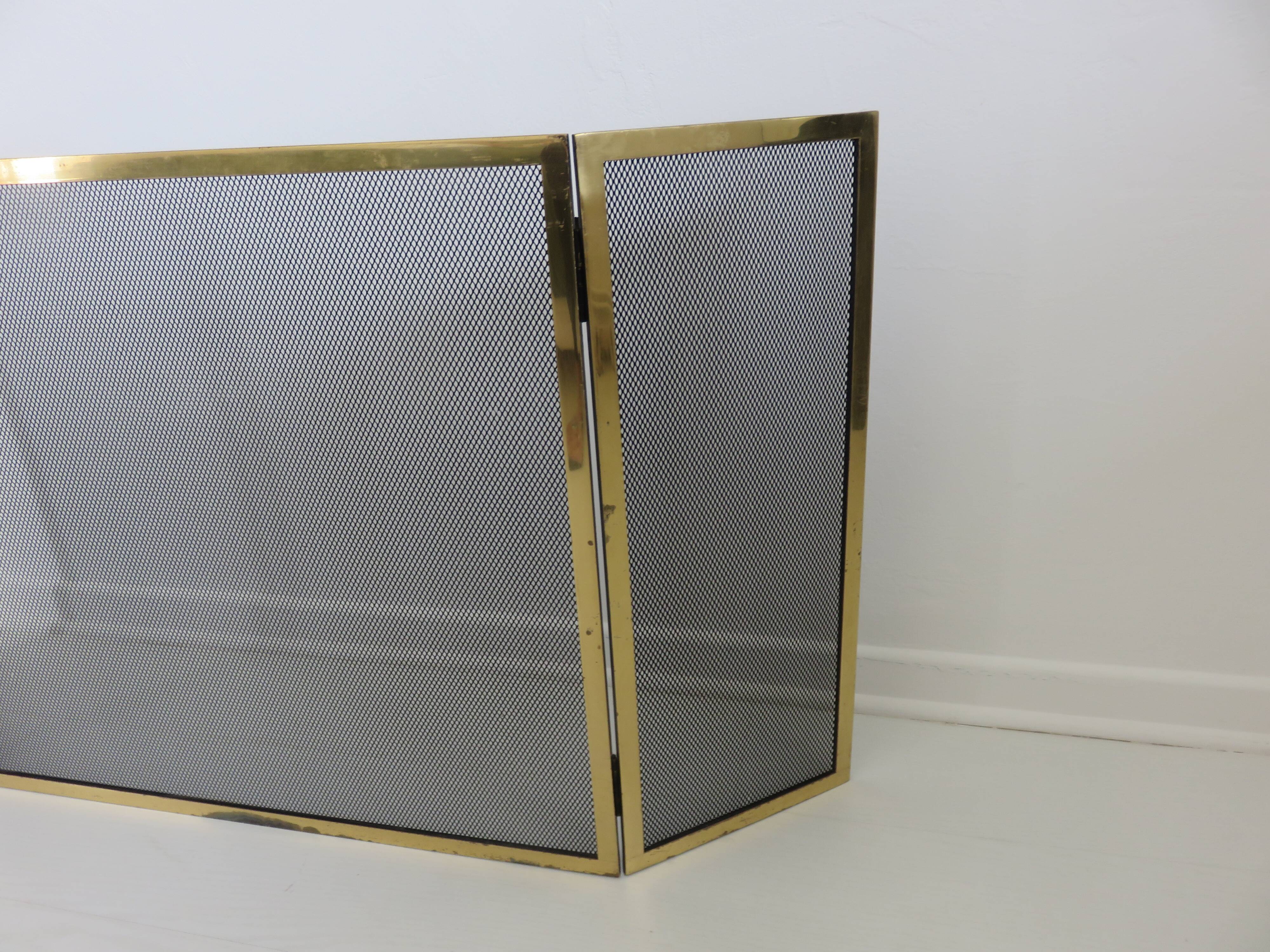 Fire screen, 3-panel brass spark screen for fireplace, modernist, minimalist, 1970