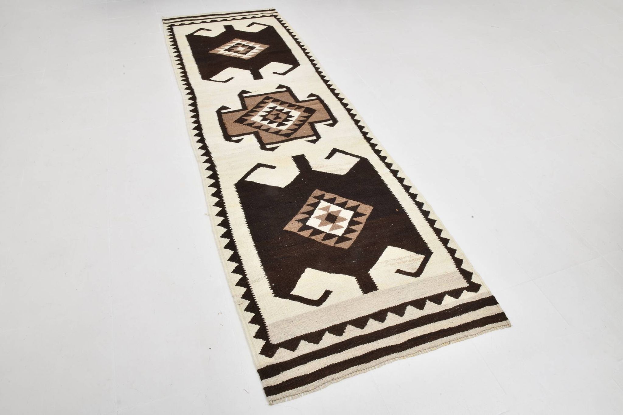 3x11 Kilim Cream & Brown Tribal Kilim Runner Rug, 99x322Cm