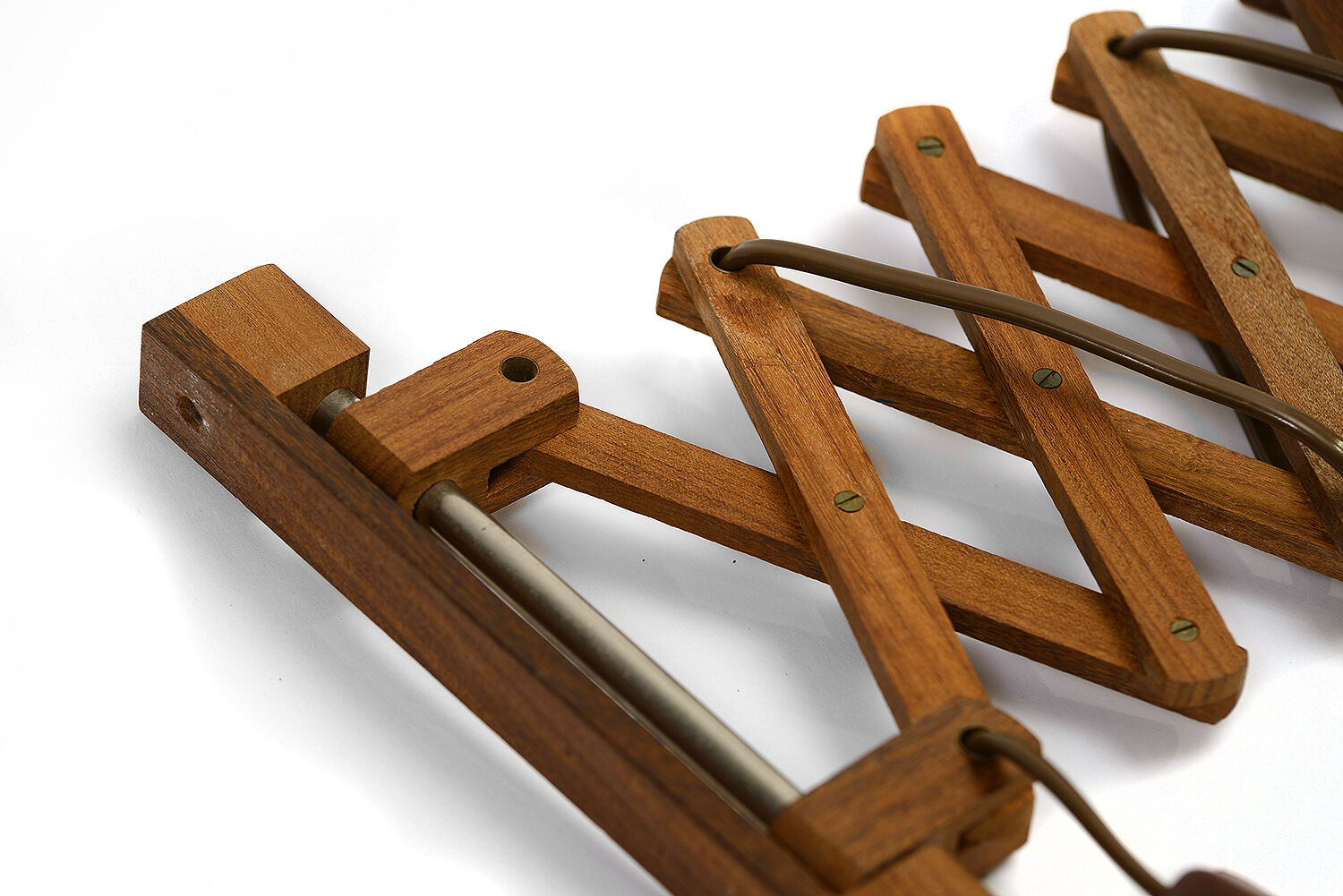 Solid teak wall lamp/Scissor lamp with brass coloured aluminium shade.