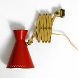 1950s brass extendable scissor wall lamp with aluminum diabolo shade in red