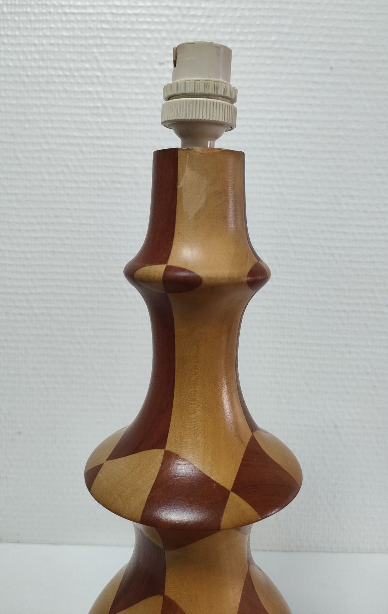Turned wooden lamp and vintage wood inlay