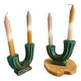 Pair of Art Deco Double Candlesticks in Emerald Green Ceramic - 1950s Vallauris Style