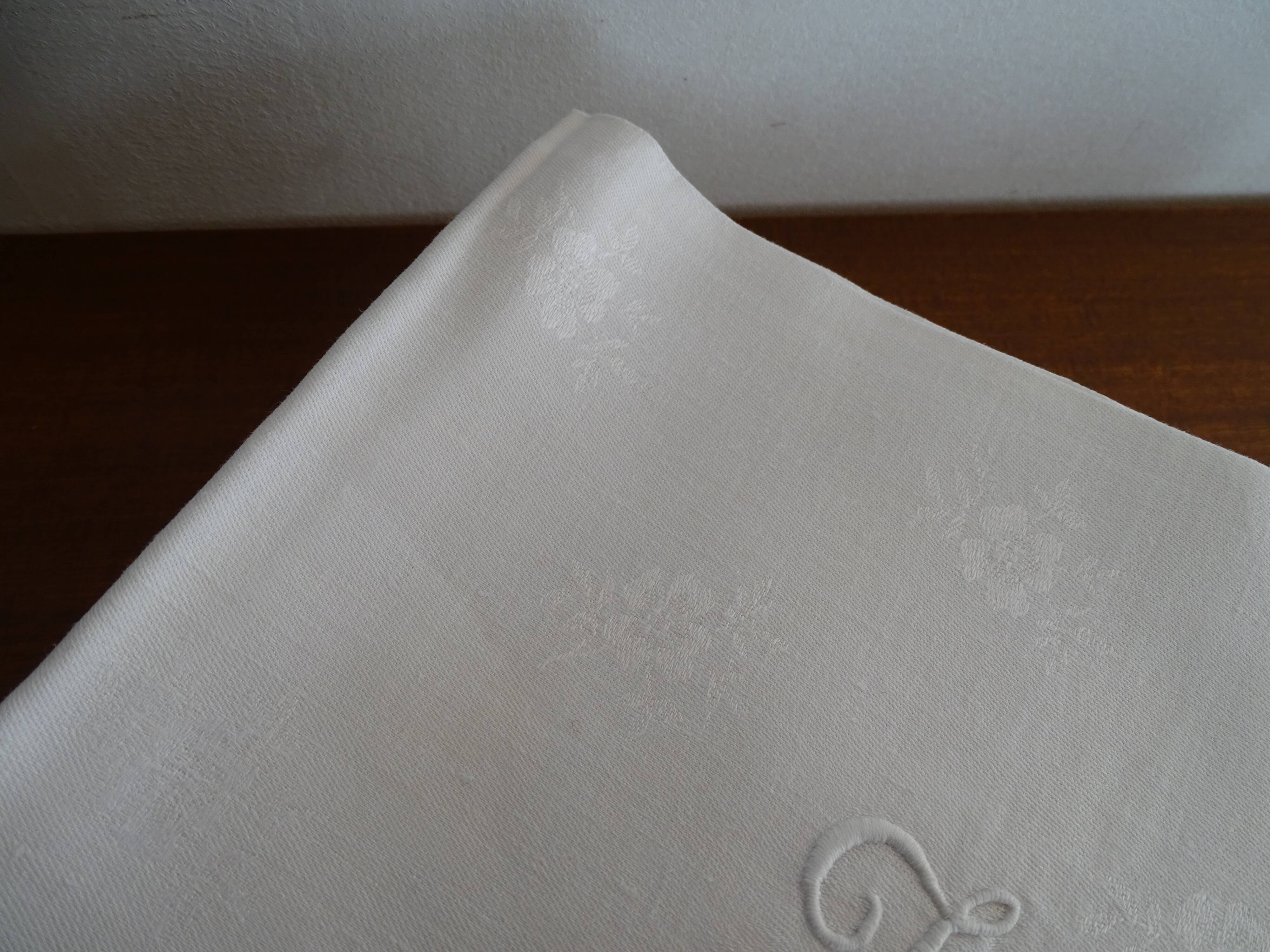 Lot de 10 serviettes de table brodées coton damassé monogramme J.G
