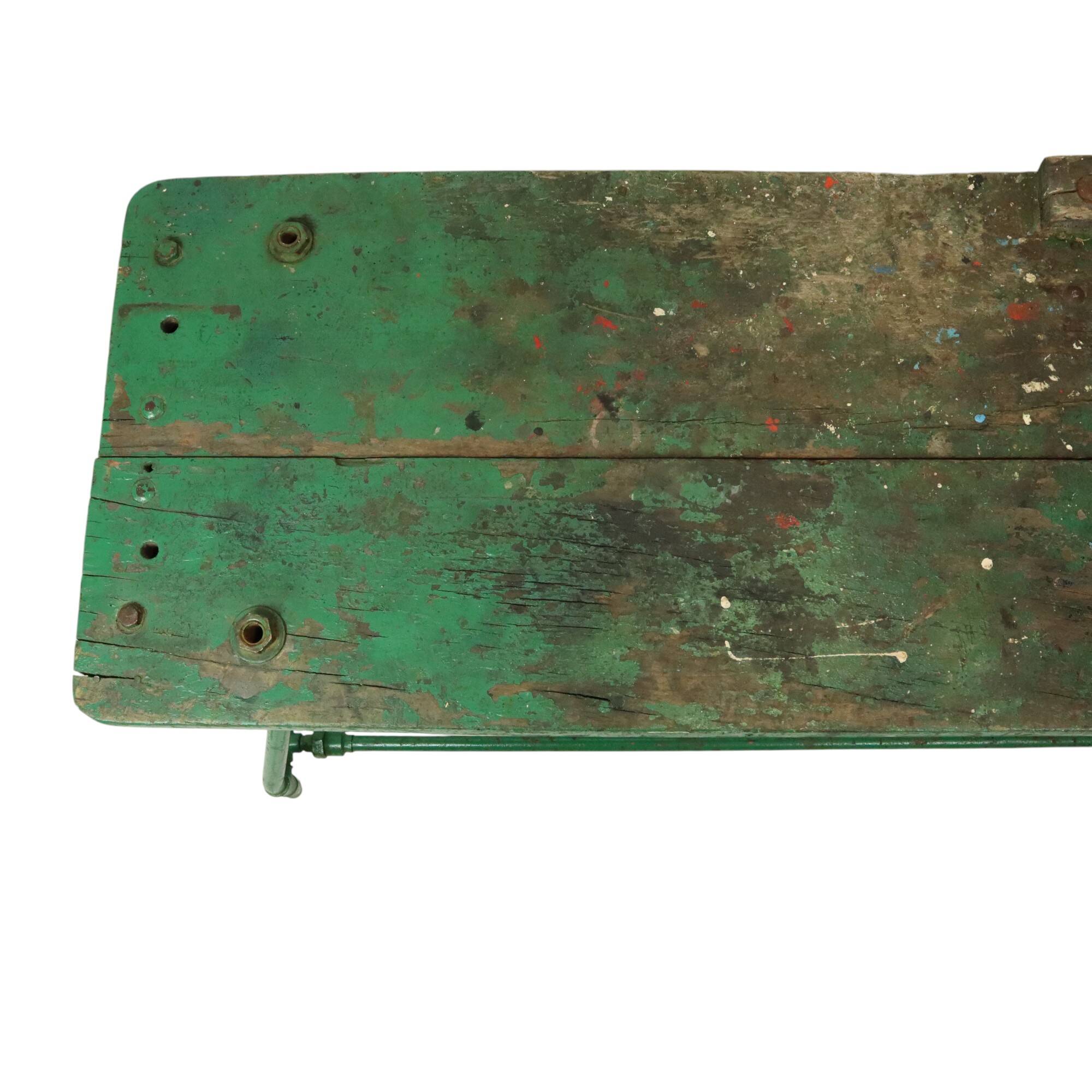 Unique Green Industrial Workbench Work Table Wood Metal 160cm