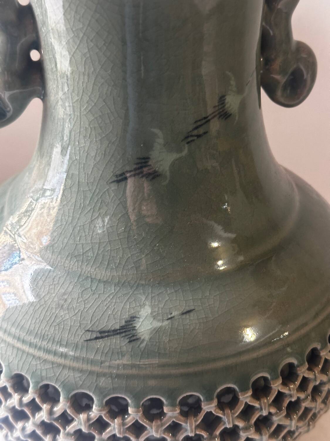 Celadon vase with openwork cranes H 29 cm