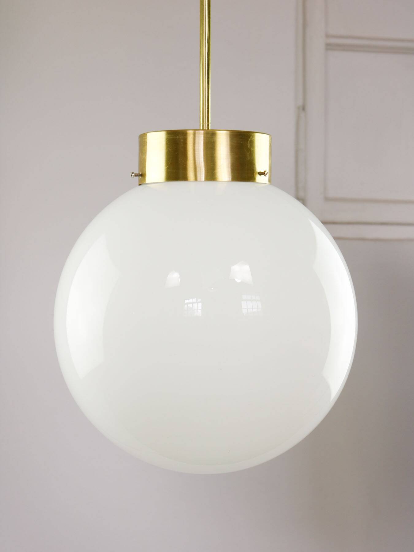 Big Mid-Century Italian Opaline & Brass Globe Pendant Lamp