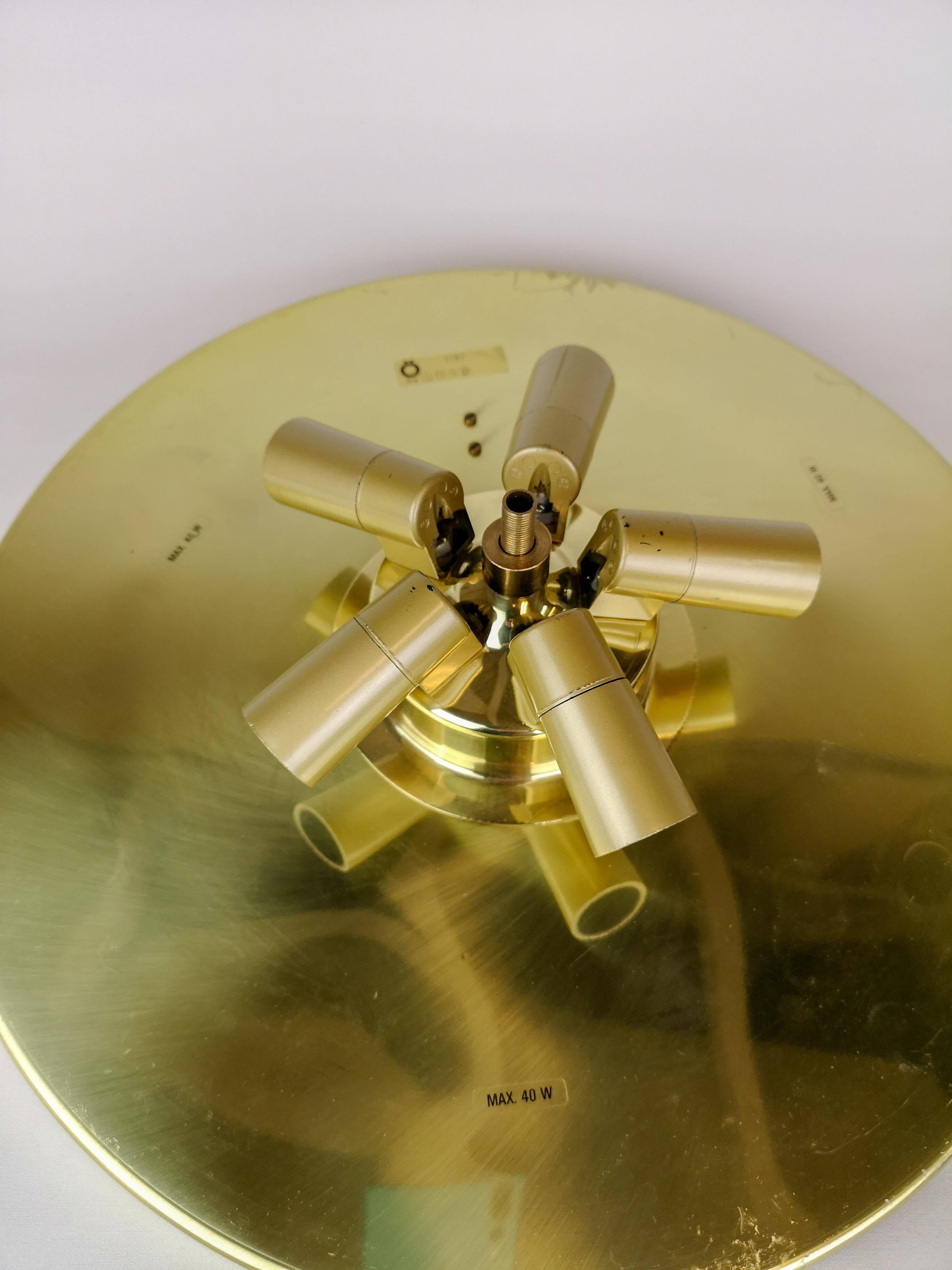 Midcentury crystal and brass ceiling lamp by Orrefors, Carl Fagerlund, 1970s, Sweden.