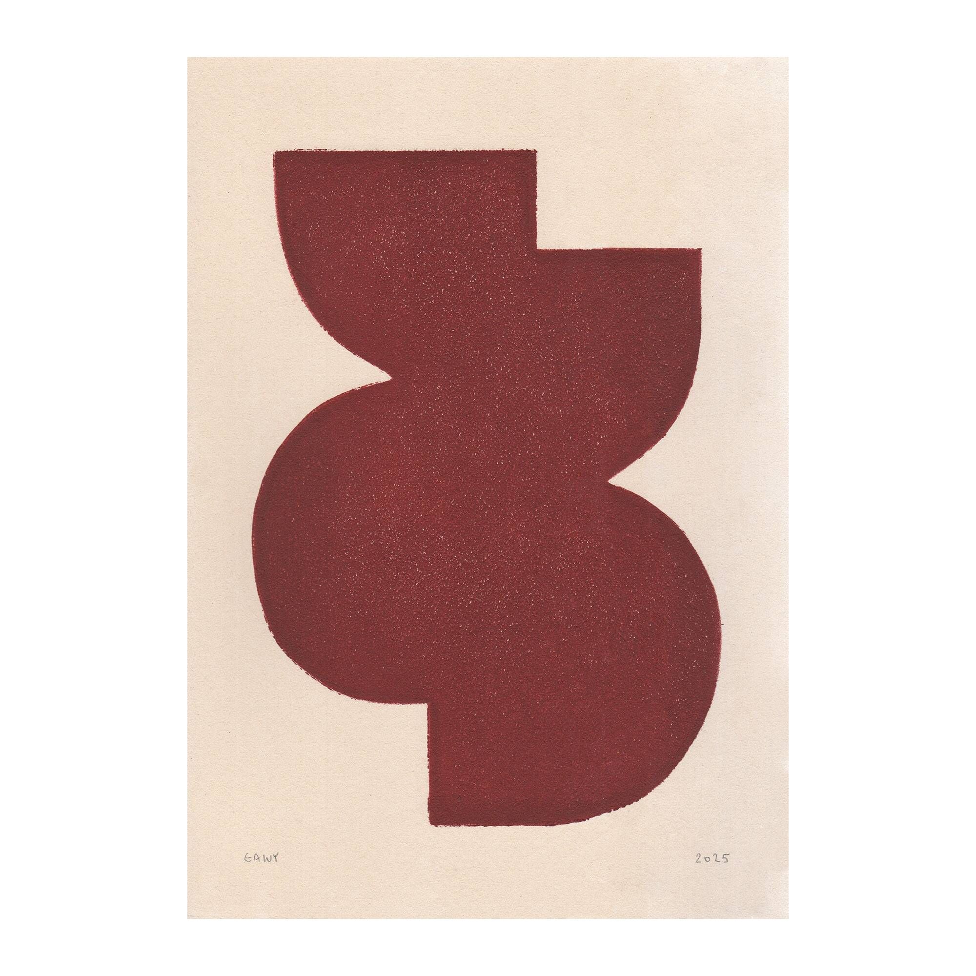 Abstract painting on paper, dark red illustration signed Eawy.