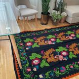 Romanian wool vintage carpet floral design and brown leaves