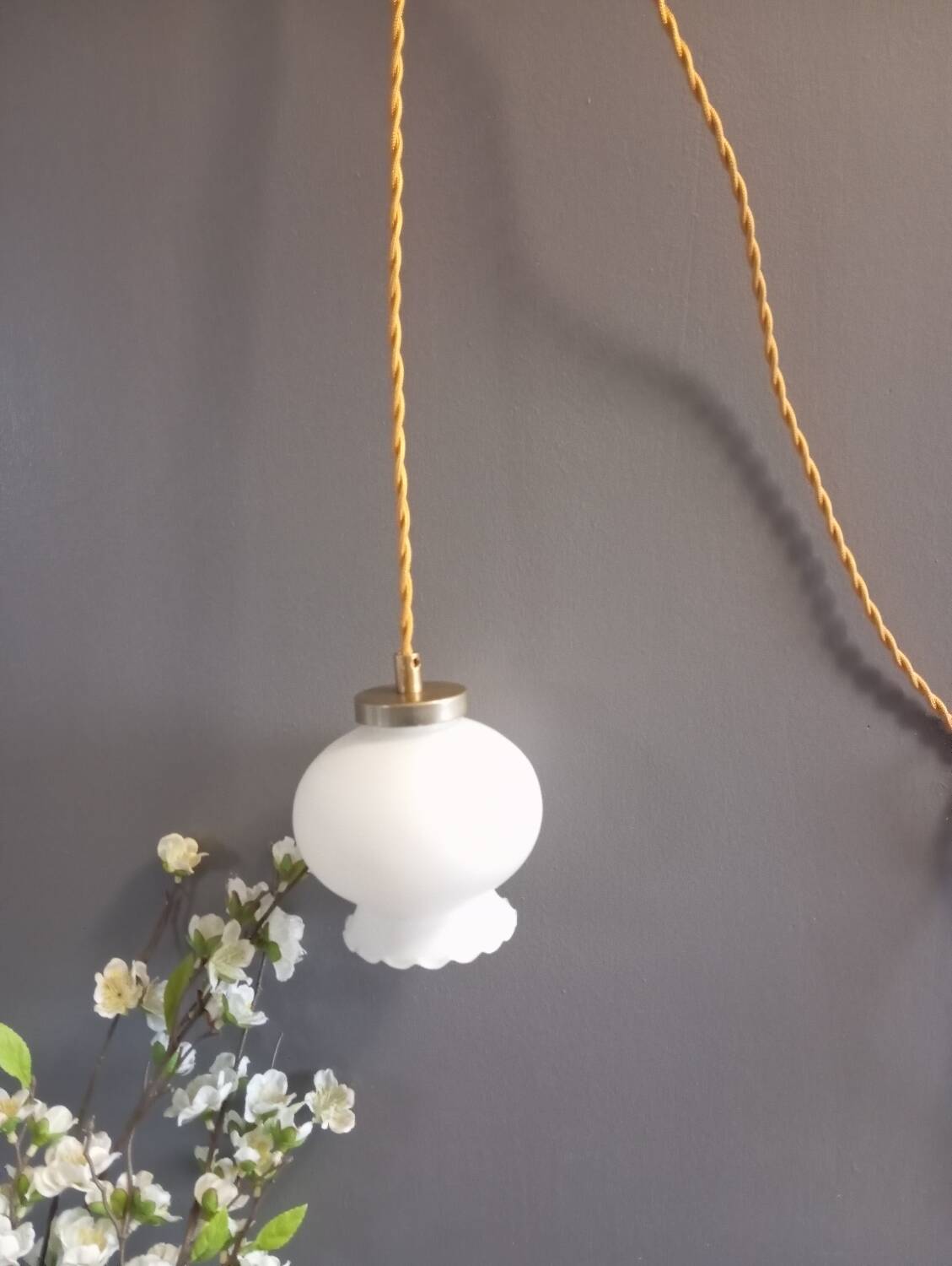 White opal curved glass hanging lamp, art deco style