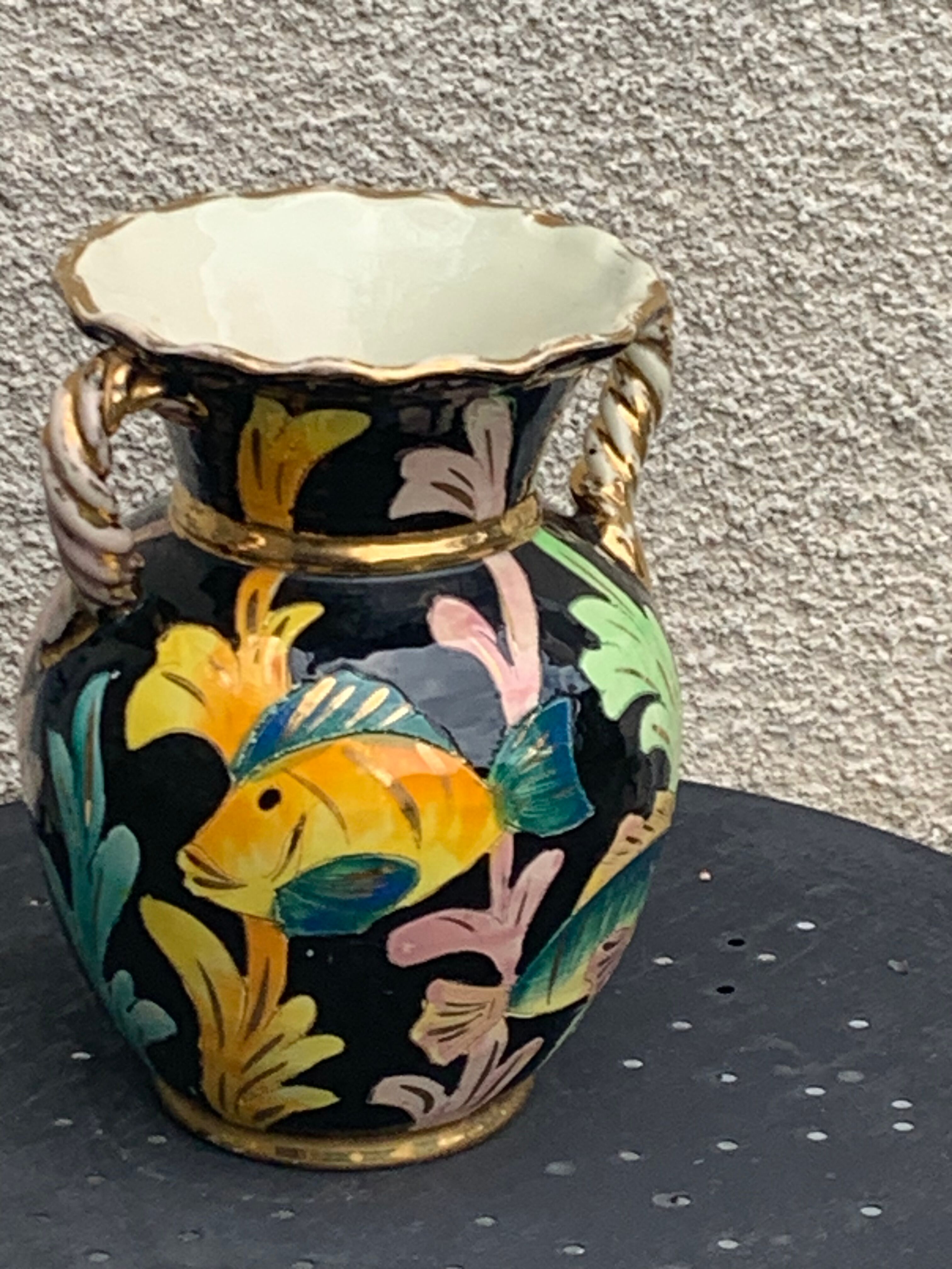 Amphora vase in glazed ceramic vintage vallauris fish motifs