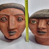 Set of 3 decorative women's heads in red terracotta